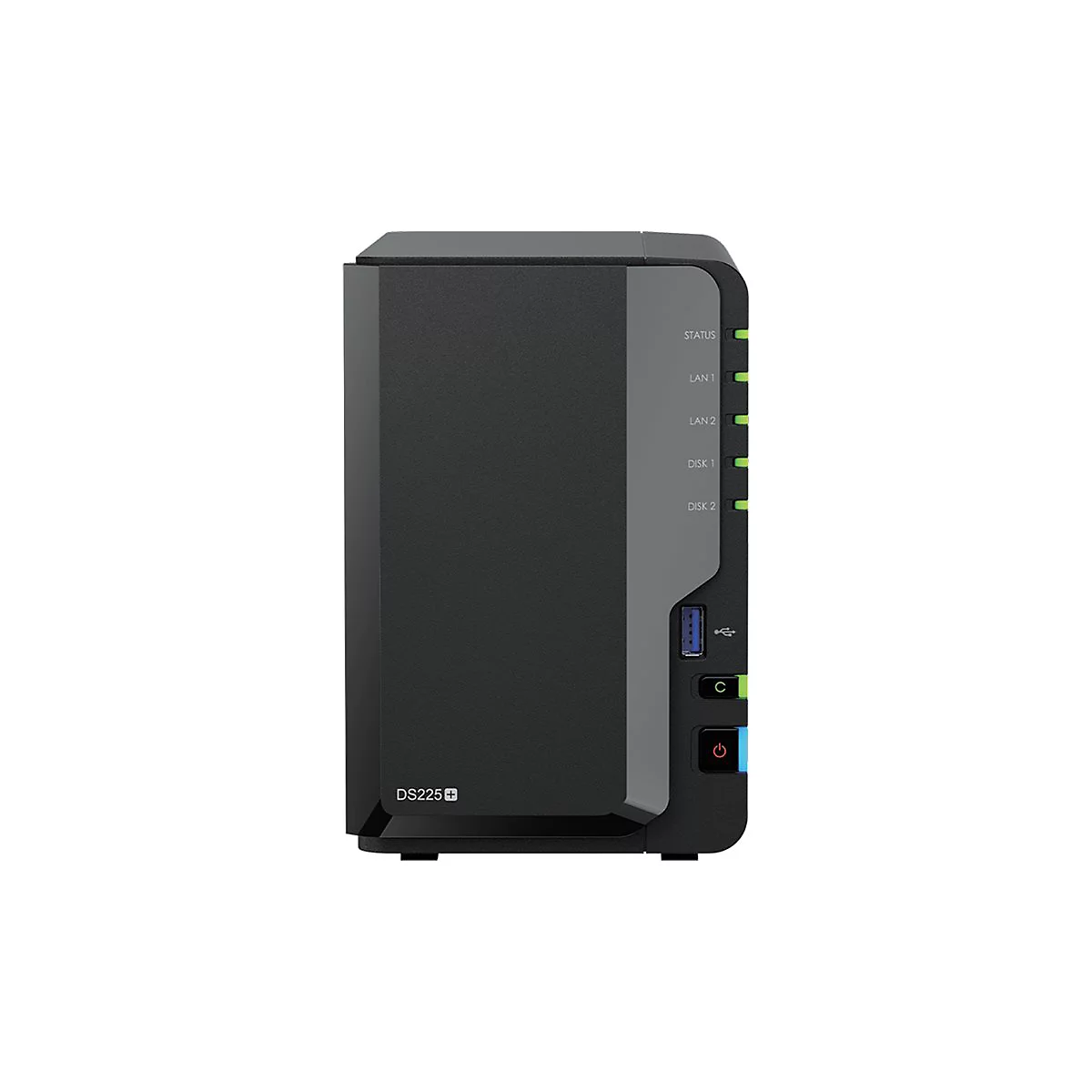 Schwarzes NAS-Gerät mit Status-LEDs, USB- und Stromanschluss. Aufschrift DS225+.