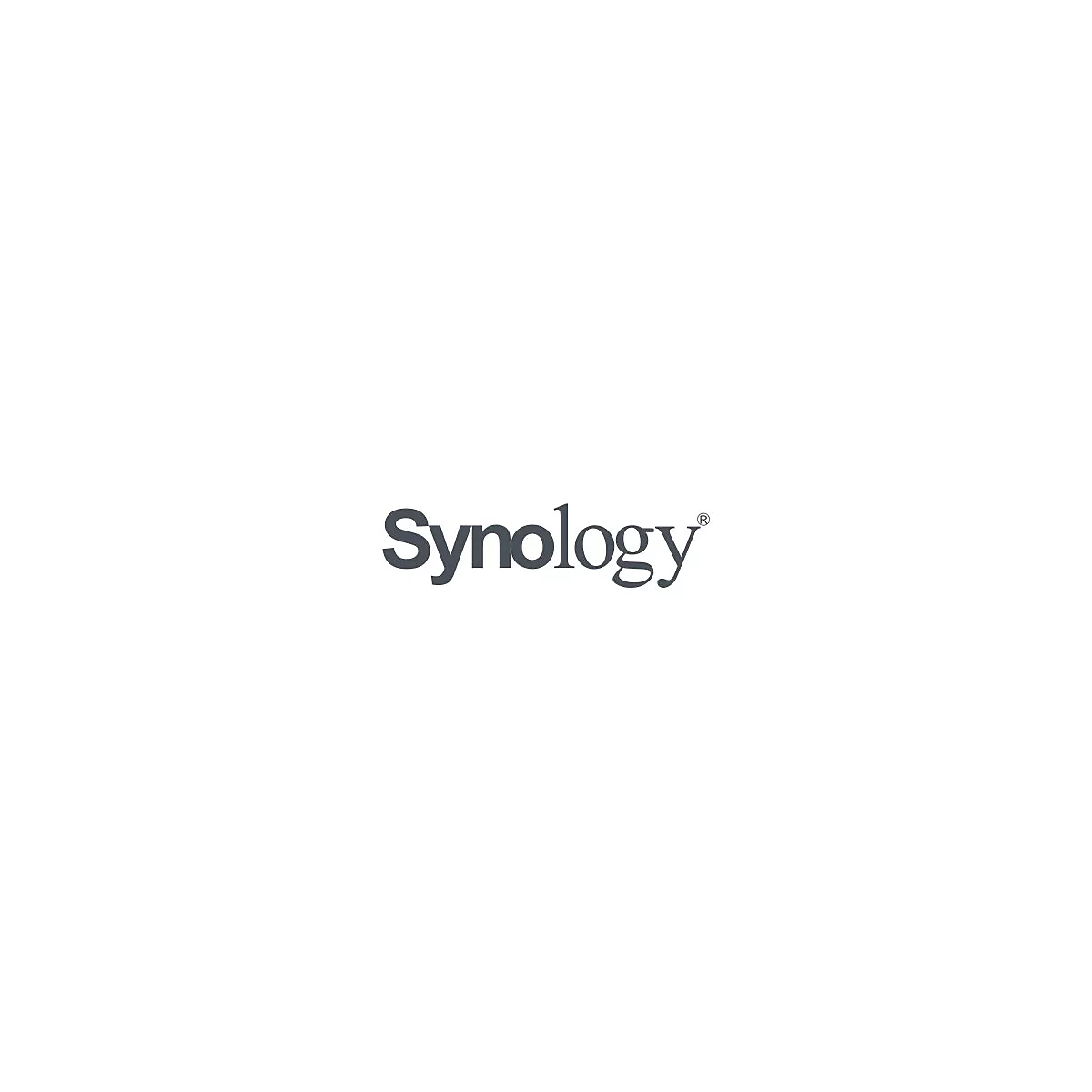 Das Logo von Synology, ein grauer Schriftzug auf weißem Hintergrund.