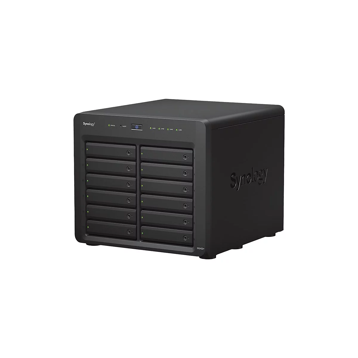 Schwarzes Synology NAS-Gerät mit mehreren Einschüben für Festplatten, das Logo und die Modellbezeichnung sind sichtbar.