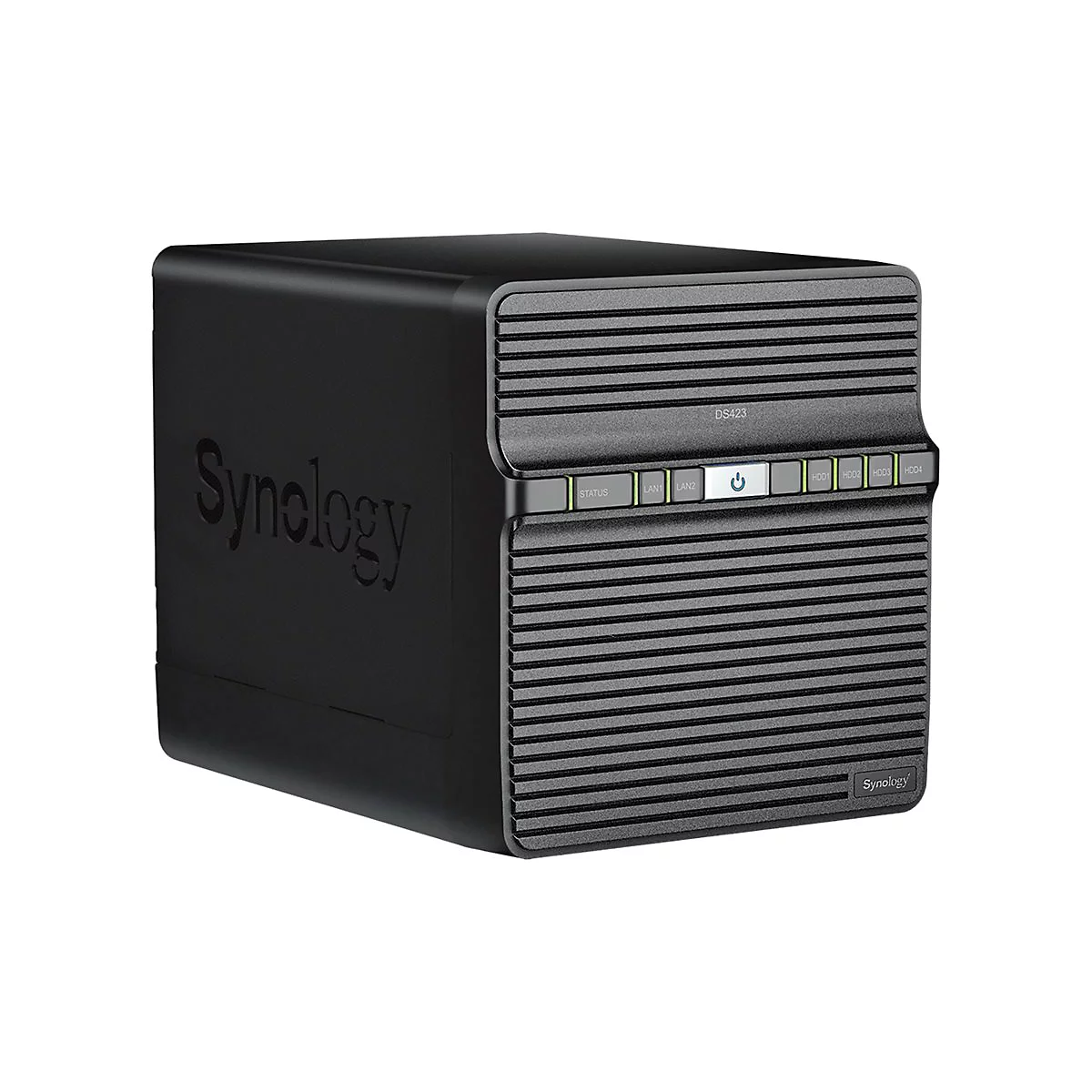 Schwarzes Synology NAS-Gerät. Front mit horizontalen Rillen und LED-Anzeigen. Synology-Logo auf der linken Seite.
