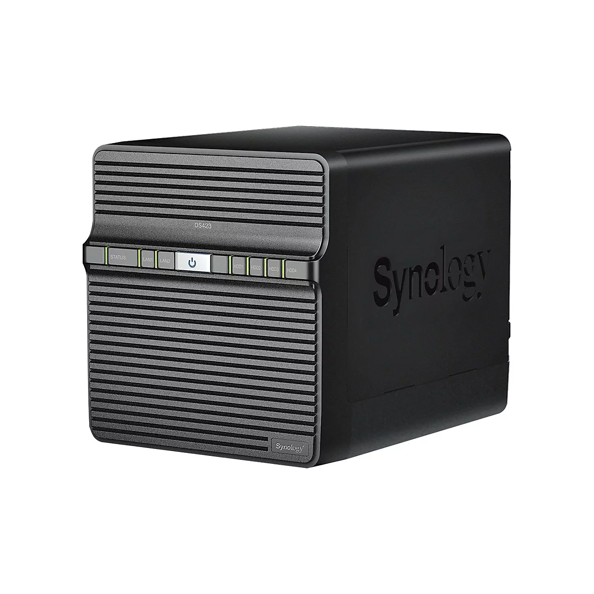 Schwarzes NAS-Gerät, Synology-Logo, Status- und LAN-Anzeigen.