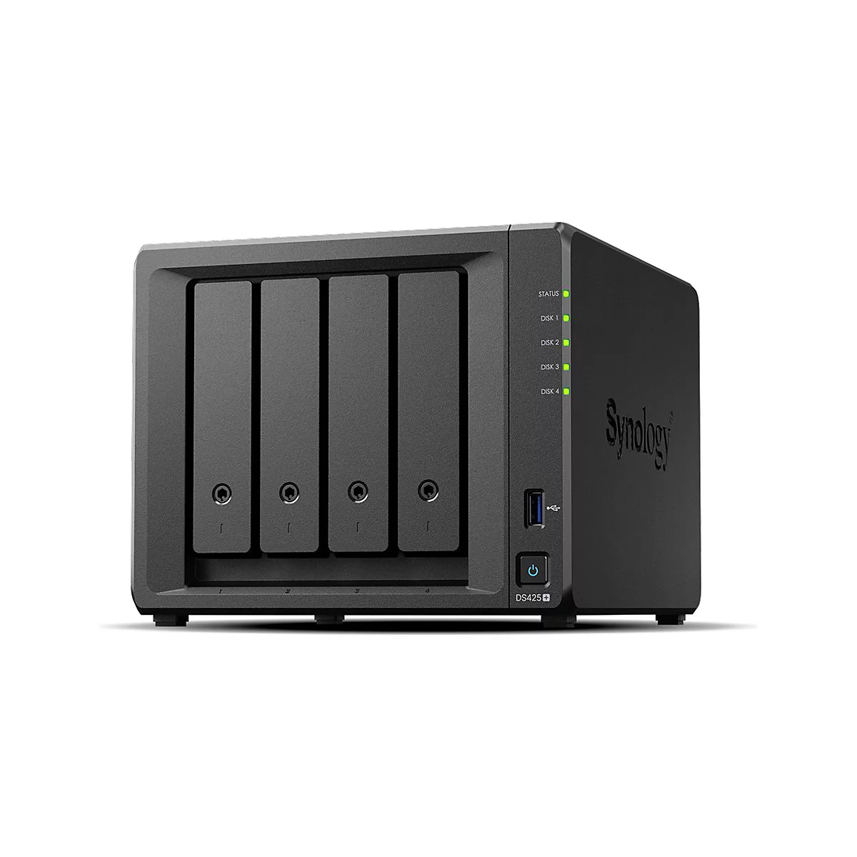 Schwarzes NAS-Gerät mit vier Einschüben und grünen Status-LEDs. Synology-Logo. Modellbezeichnung DS425+.