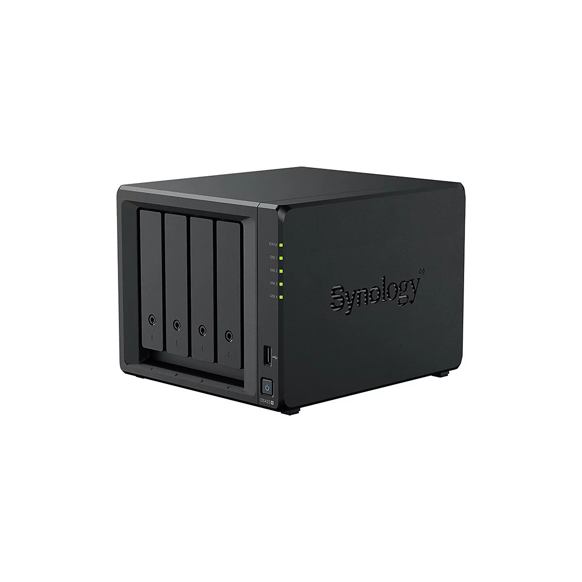 Schwarzes NAS-Gerät mit vier Festplattenschächten. Aufschrift Synology.