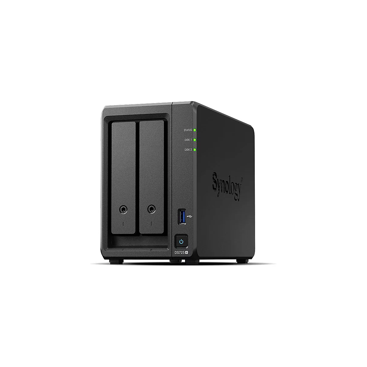 Schwarzes NAS-System mit Synology-Logo. Zwei Festplatteneinschübe, grüne Status-LEDs, USB-Anschluss und Power-Button.