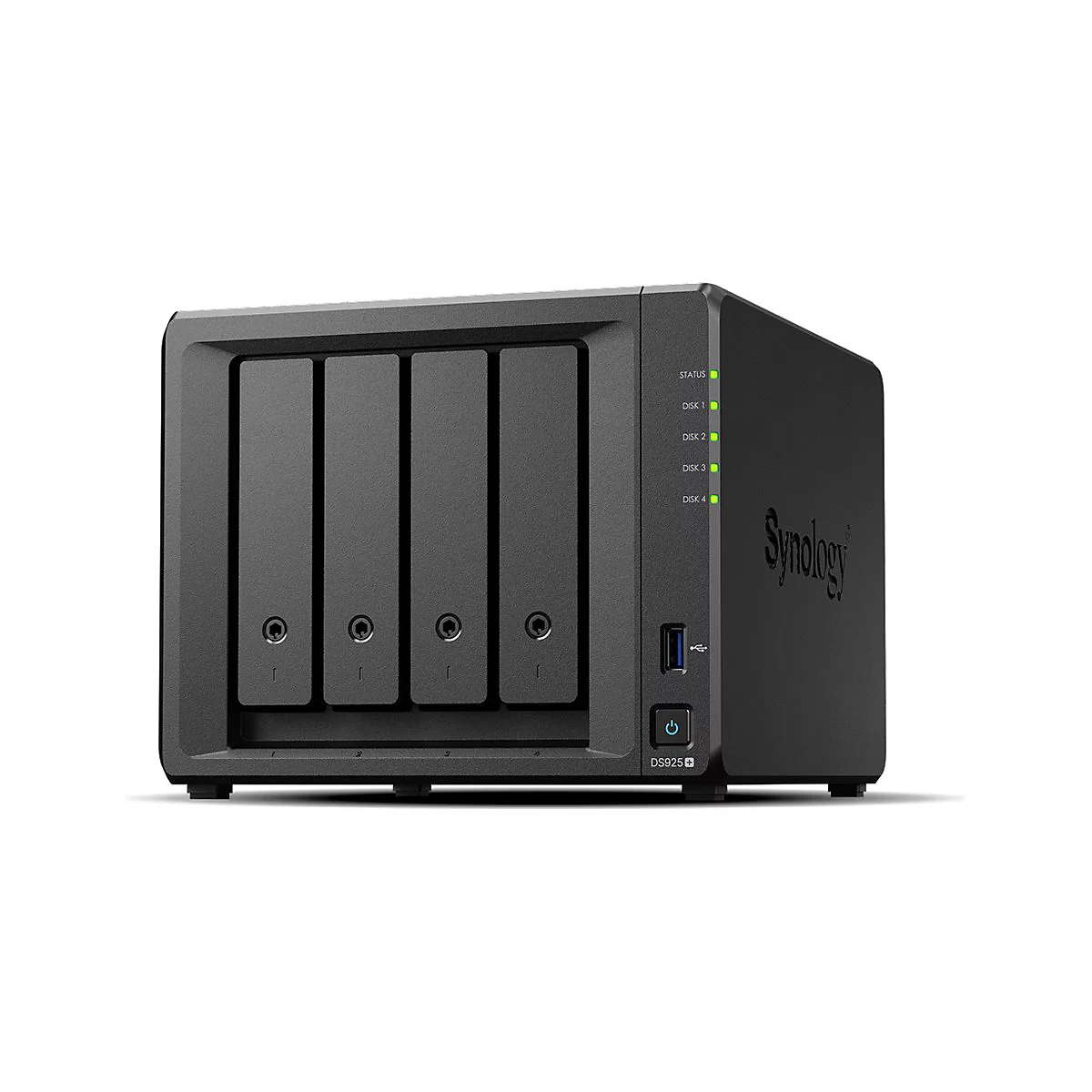 Schwarzes NAS-Gerät mit vier Einschüben. Auf der Seite steht „Synology“. Status-LEDs und ein USB-Anschluss sind sichtbar.