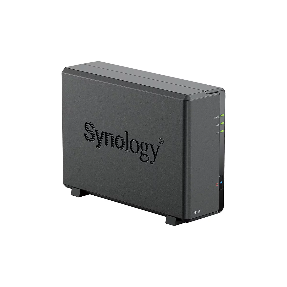 Un appareil NAS Synology noir. Le lettrage Synology est visible à l'avant. Des voyants lumineux se trouvent sur le côté droit.