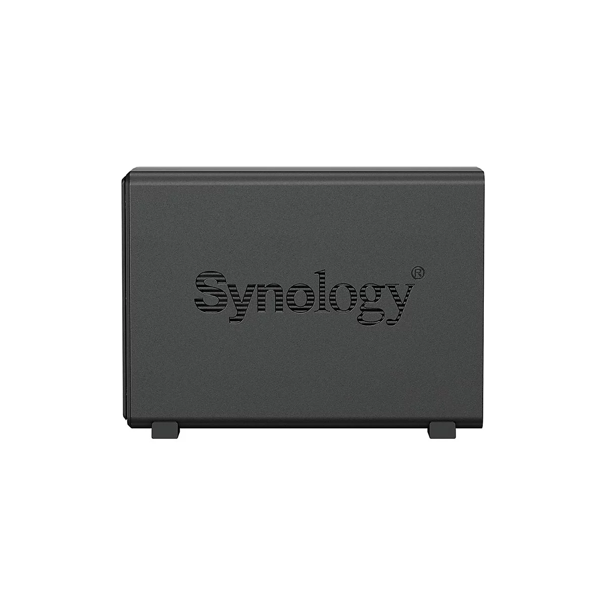 Disque dur NAS Synology gris foncé, vue de face, avec le mot 'Synology'.