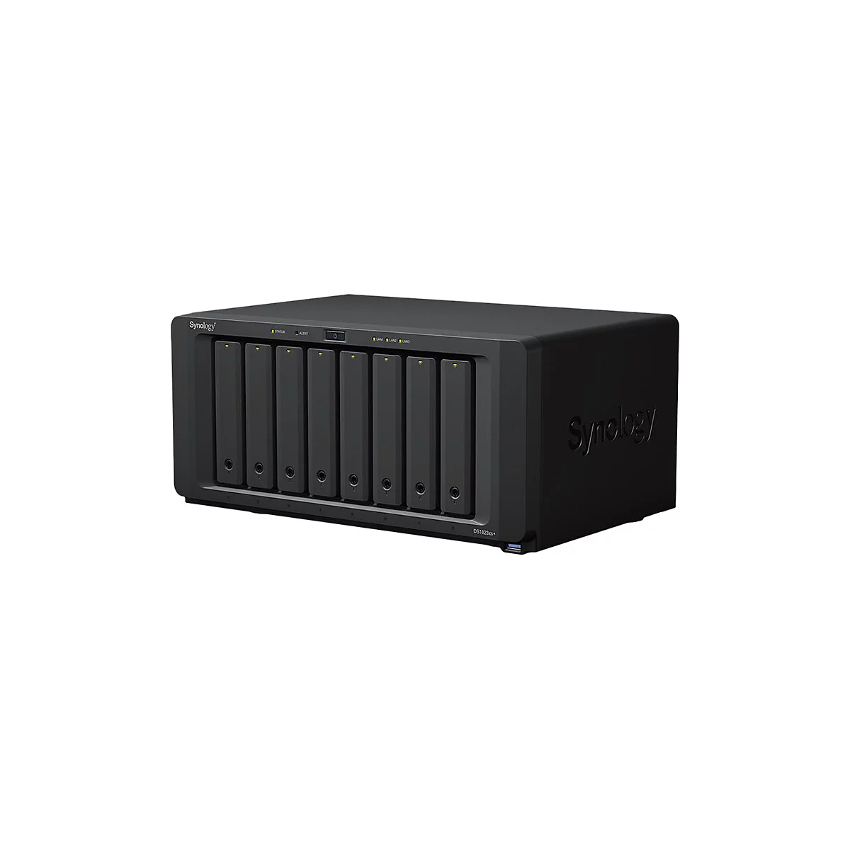 Appareil NAS noir Synology avec huit baies, indicateurs d'état et LAN. Inscription DS1823xs+.