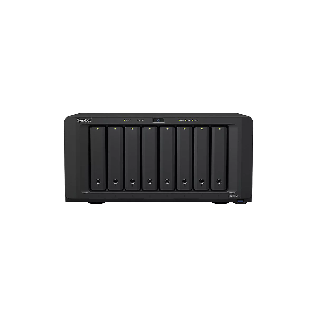 Appareil NAS noir avec huit baies et des LED vertes. Inscription Synology, DS1823xs+.