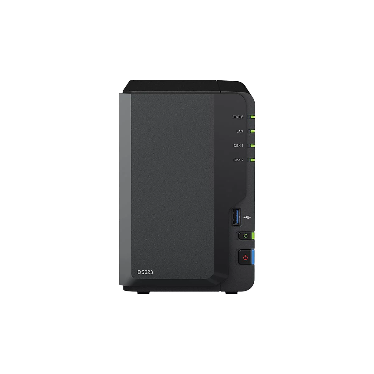 Appareil NAS DS223 noir avec indicateurs, port USB et bouton d'alimentation.