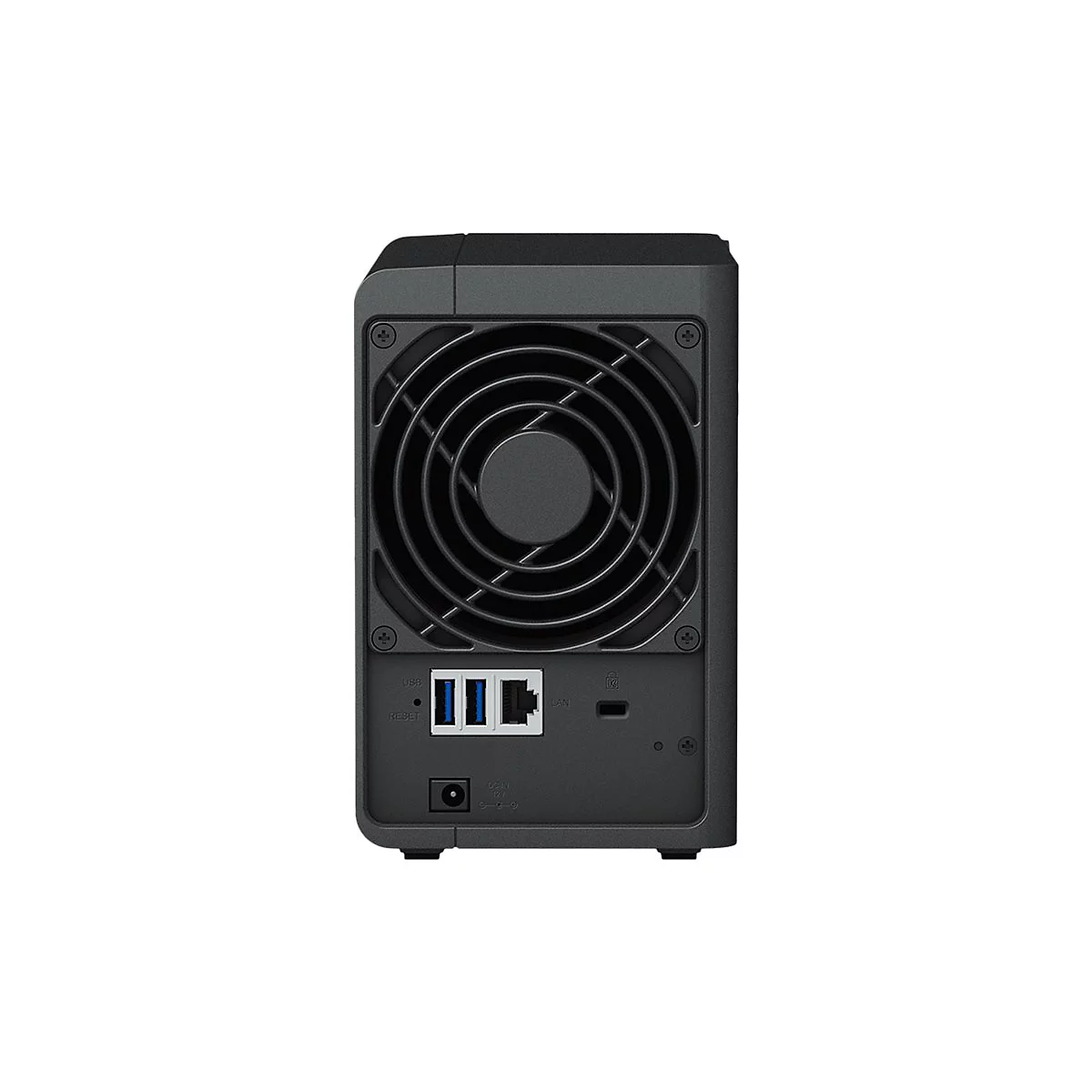 Boîtier NAS noir avec ventilateur et ports. Vue arrière avec connecteurs USB, LAN et d'alimentation.