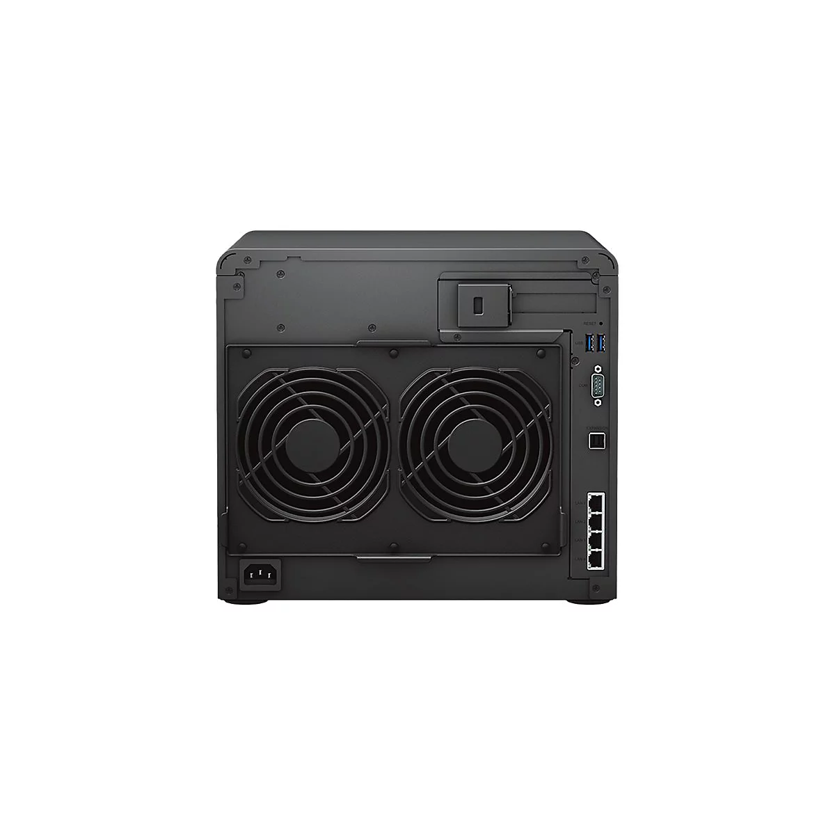 Appareil NAS noir vu de l'arrière. Deux ventilateurs, ports pour l'alimentation, USB, LAN, COM, bouton de réinitialisation.