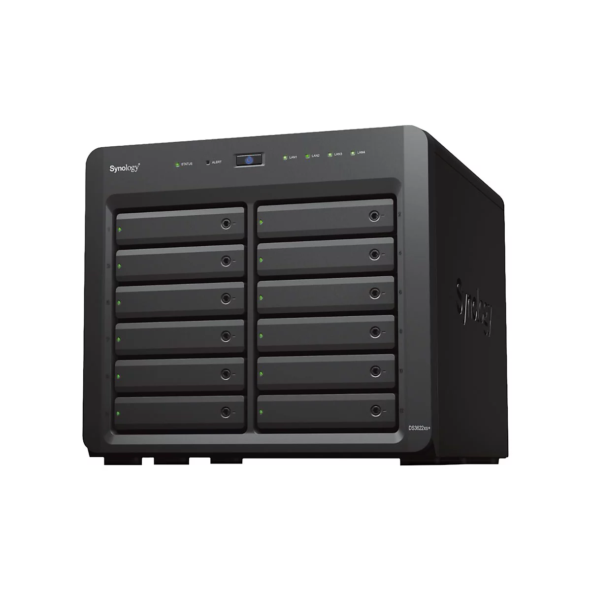Système NAS noir avec 12 baies. Des indicateurs d'état et le logo Synology sont en haut. Inscription : DS3622xs+.