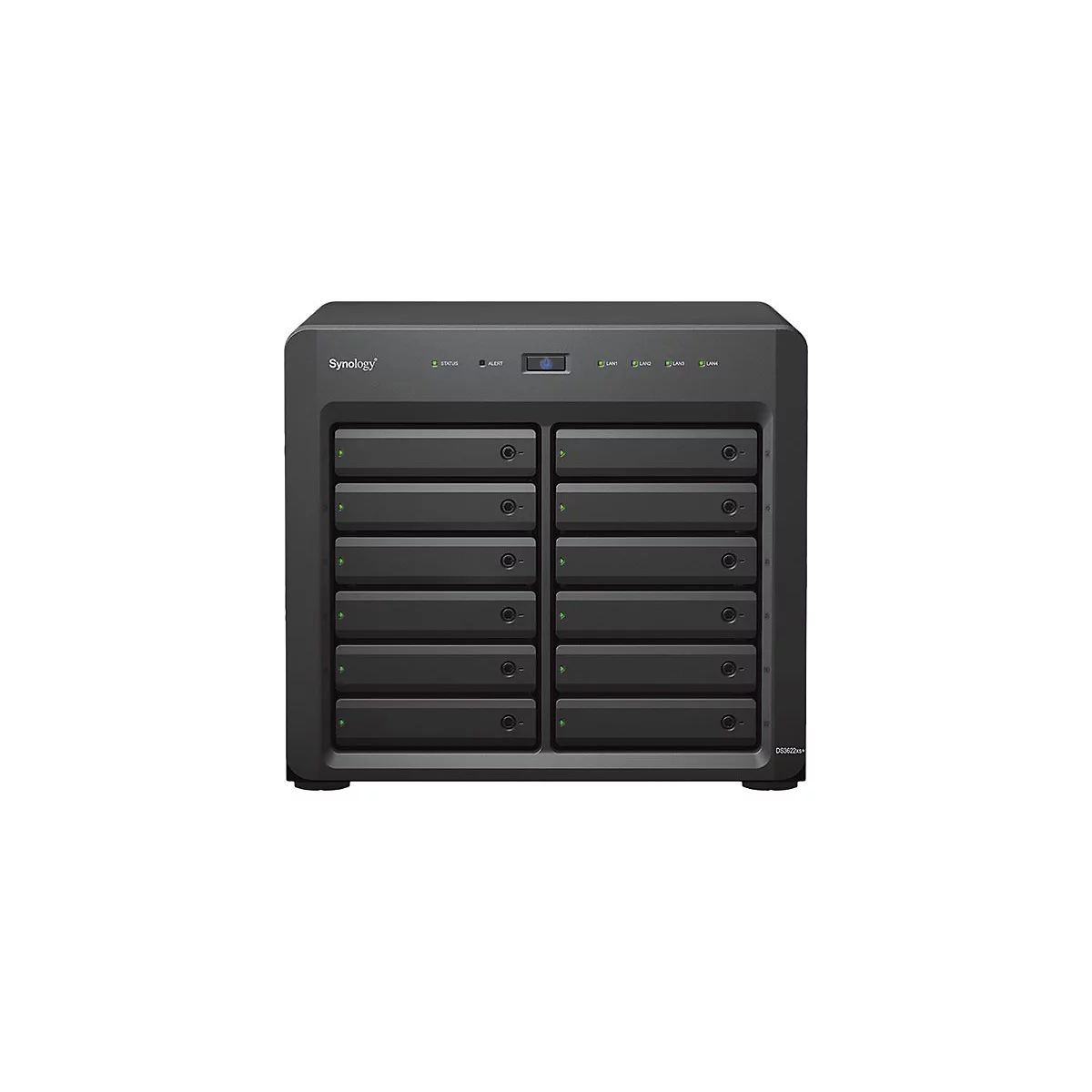 Système NAS noir avec 12 baies. En haut : logo Synology et indicateurs d'état. En bas : nom du modèle DS3622xs+.