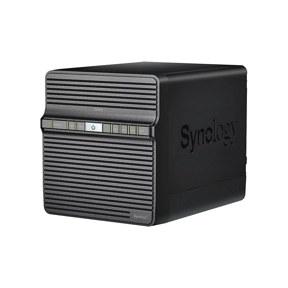 Appareil NAS Synology noir. Devant: LED de statut, LAN, bouton marche/arrêt et baies de disque dur. Logo Synology sur le côté.