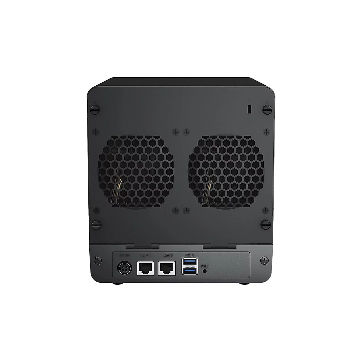 Appareil NAS noir. Arrière avec fentes de ventilation, ports (LAN, USB) et étiquettes.