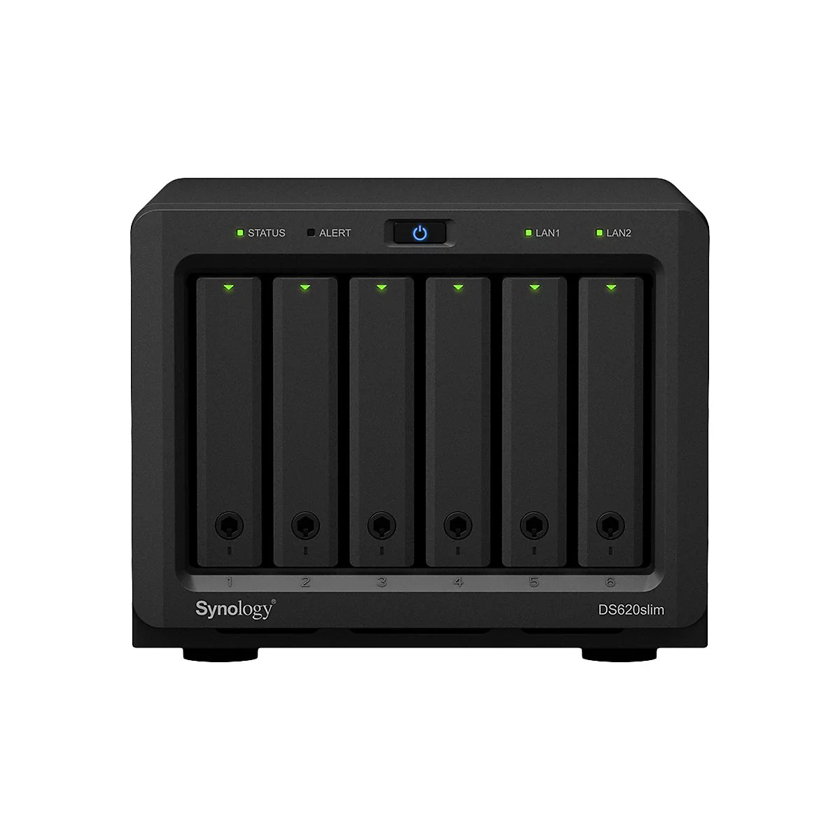 Appareil NAS noir avec six baies, des LED vertes et des inscriptions. En haut 'Status', 'Alert', 'LAN1', 'LAN2'. En bas 'Synology', 'DS620slim'.