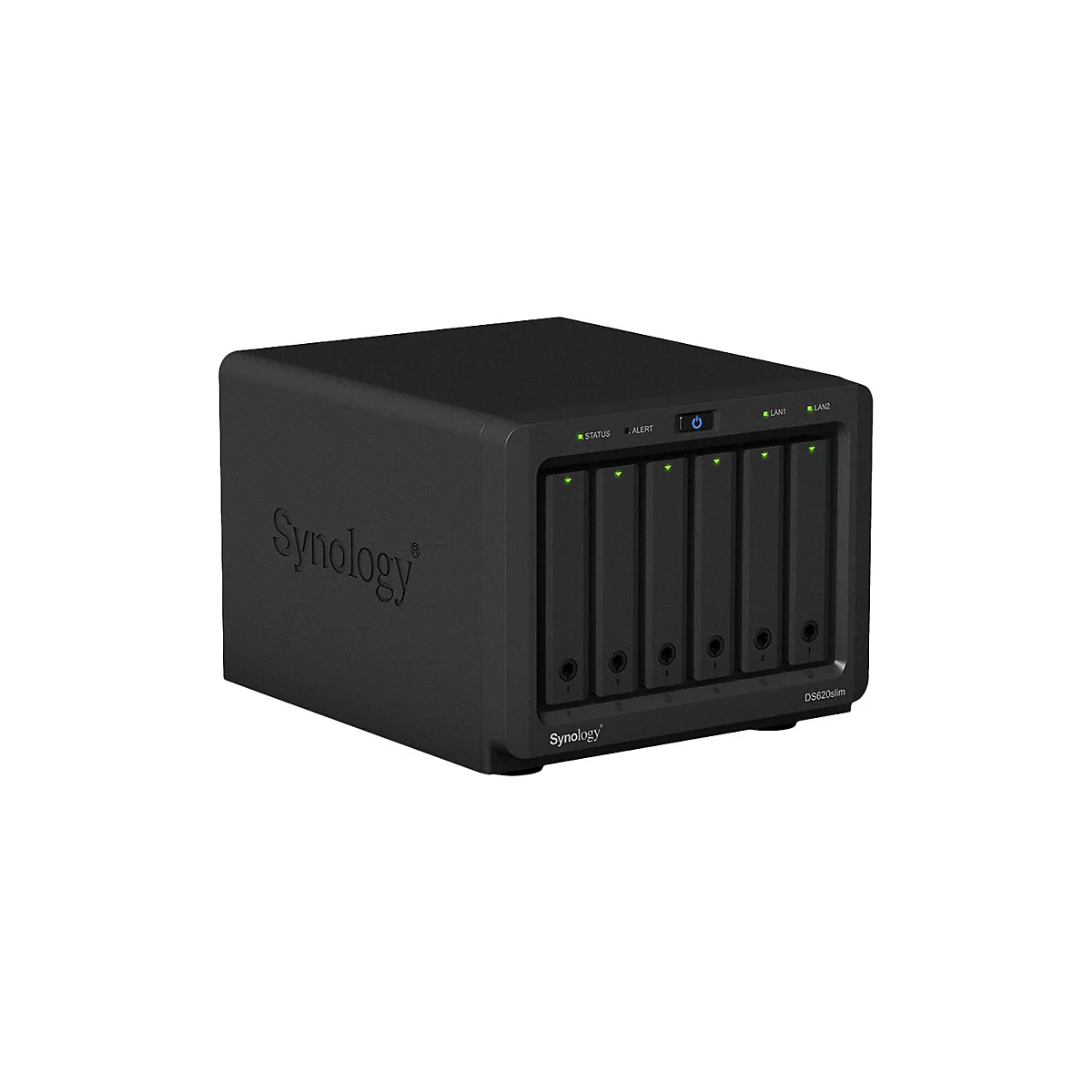 Appareil NAS Synology noir; façade avec 5 baies et voyants LED verts.