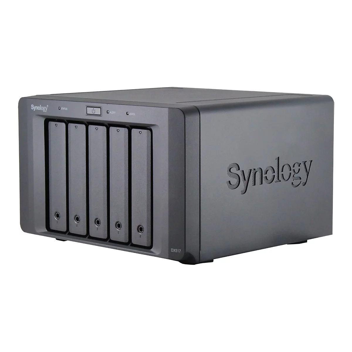 Boîte NAS Synology gris foncé avec 6 baies de disque dur, logo à gauche, nom à droite.
