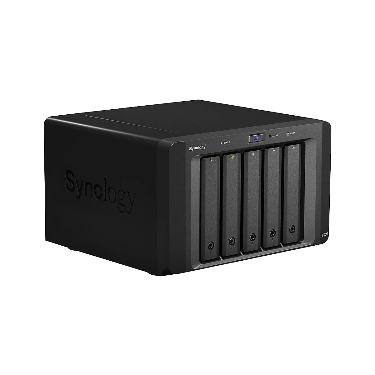 Schwarzes NAS-System von Synology mit vier Einschüben und Statusanzeigen.