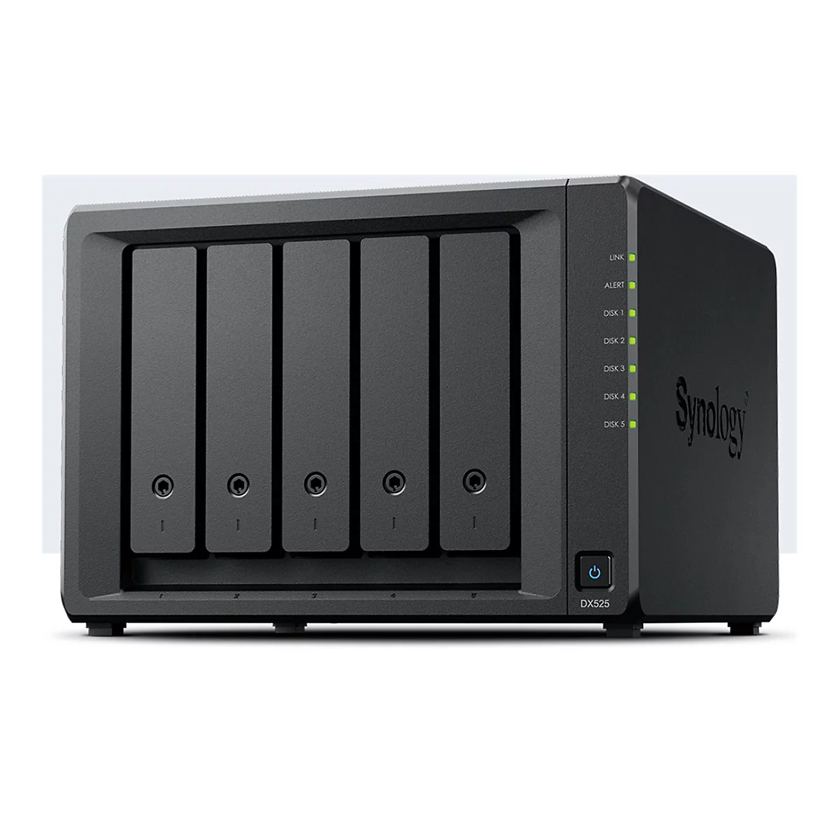 Schwarzes NAS-System mit fünf Einschüben, Synology-Logo und Leuchten für Statusanzeigen.