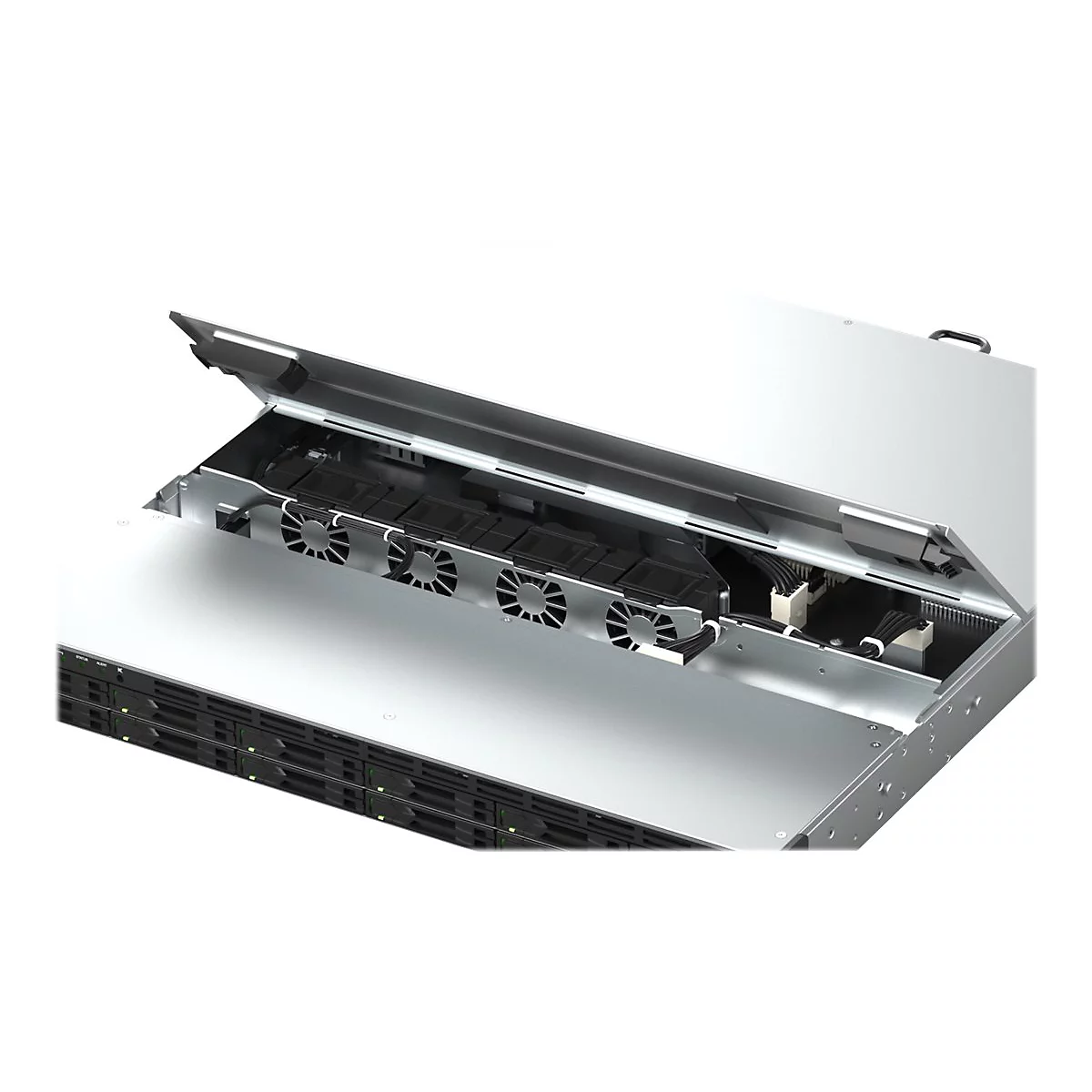 Ein Server mit geöffneter Klappe, Innenleben mit Lüftern, Kabeln und elektronischen Bauteilen. Auf hellem Hintergrund.