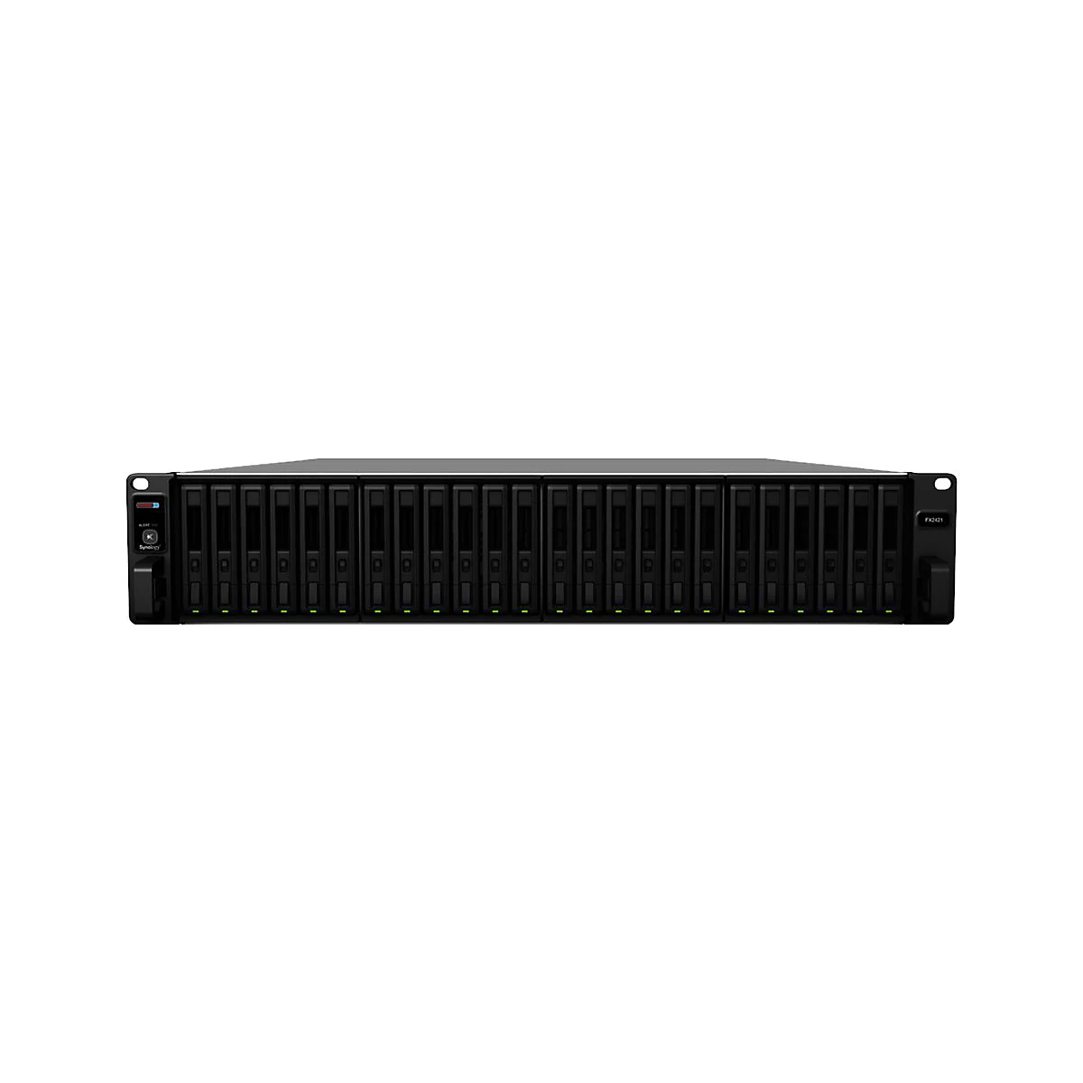 Schwarzer Server-Rack mit vielen Schächten. Synology-Logo und Modellbezeichnung FX2421.