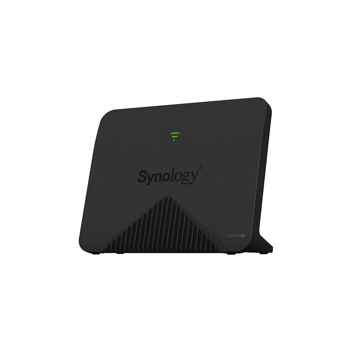 Schwarzer WLAN-Router von Synology, mit grünem Signal-Licht. Aufschrift Synology, Modell MR2200ac.
