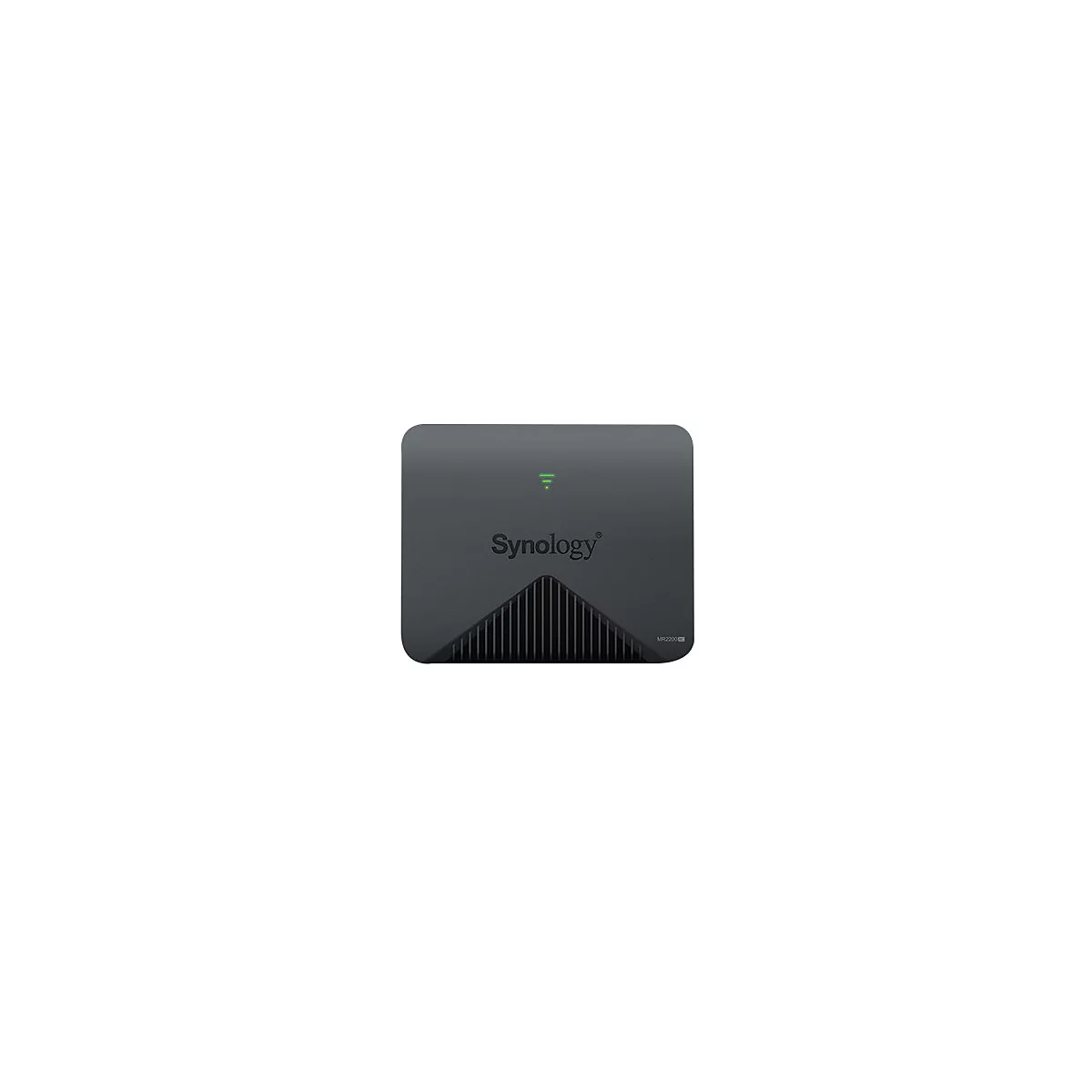 Dunkelgrauer Router, Synology-Logo. Oben ein grünes WLAN-Symbol, unten ein Lüftergitter.