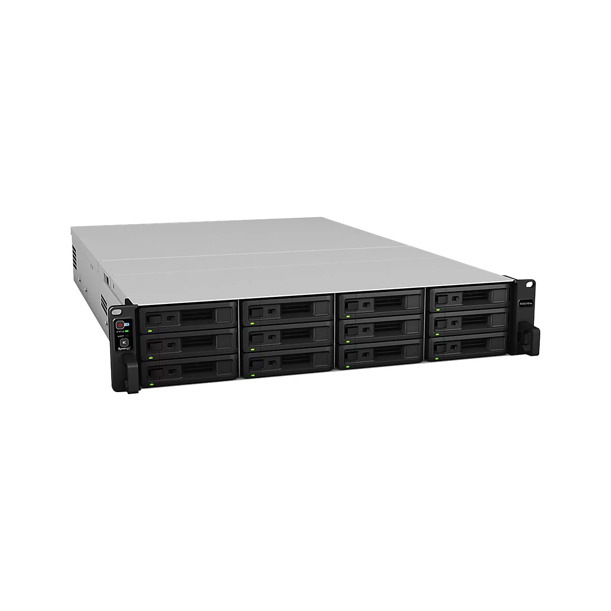 Server-Rack mit acht EinschÃ¼ben, schwarz und grau. Auf weiÃŸem Hintergrund.