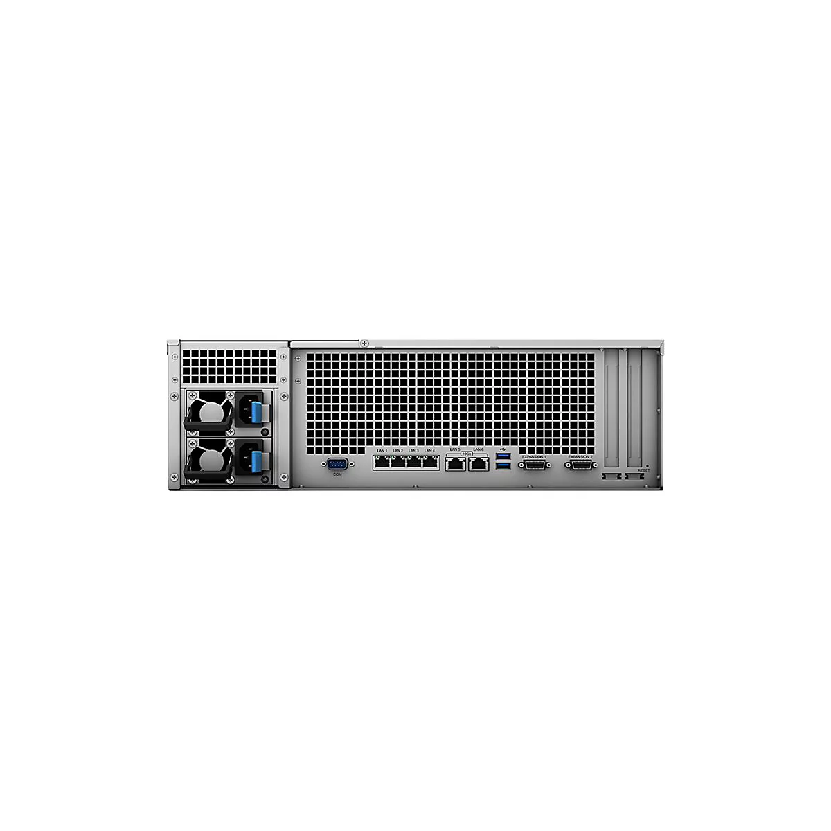 RÃ¼ckseite eines Servers mit LÃ¼ftern, AnschlÃ¼ssen und Gittern.