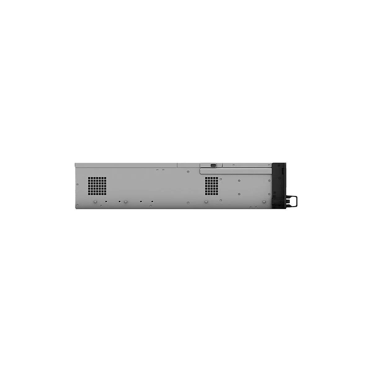Grauer Serverschrank in Frontansicht, mit LÃ¼ftungsschlitzen und USB-Anschluss, vor weiÃŸem Hintergrund.