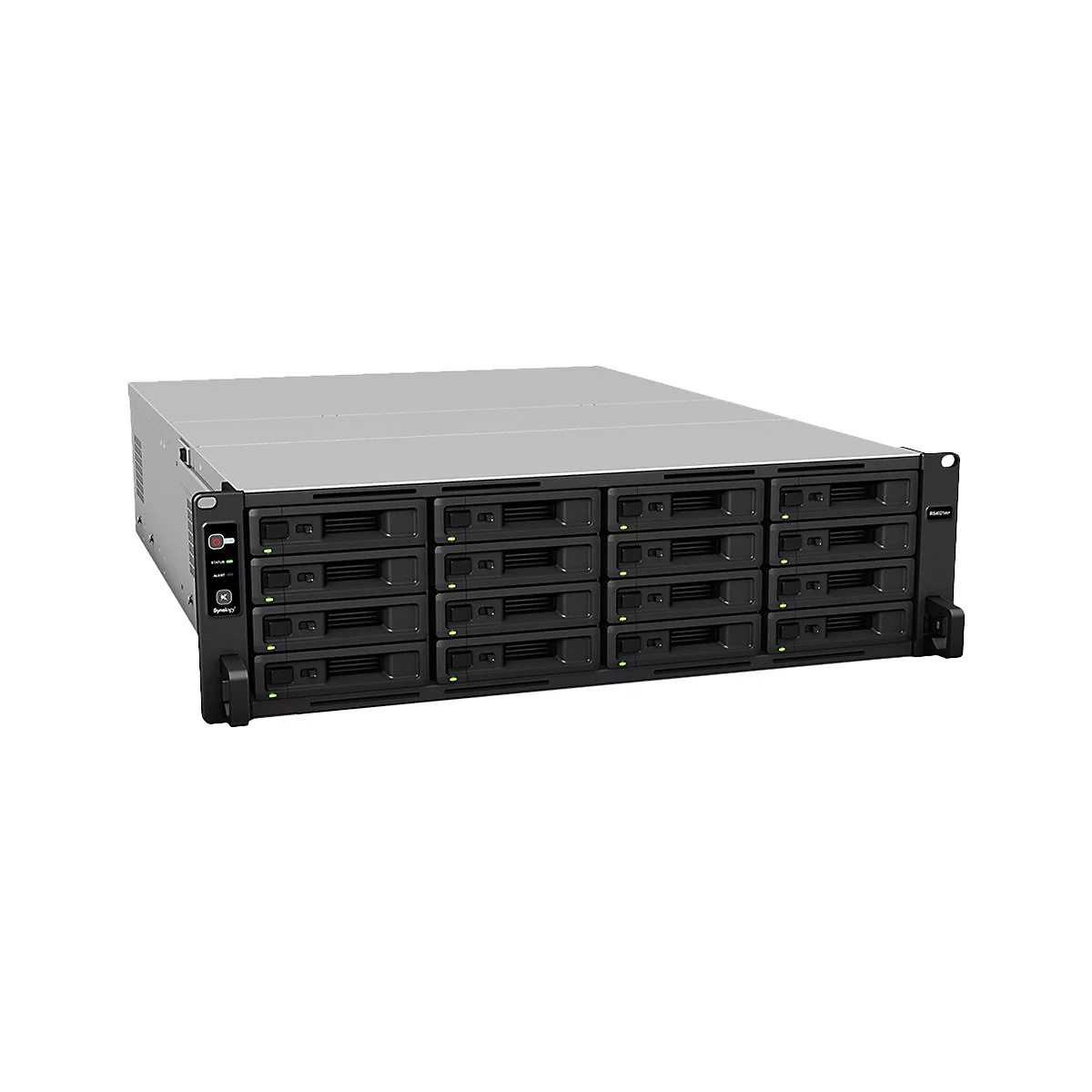 Ein Server-Rack mit 12 EinschÃ¼ben fÃ¼r Festplatten. Graues GehÃ¤use, schwarze LaufwerksschÃ¤chte.
