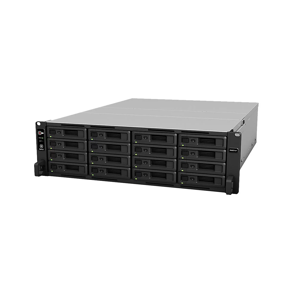 Ein ServergehÃ¤use mit mehreren EinschÃ¼ben fÃ¼r Festplatten, grau-schwarz. Die Vorderseite mit EinschÃ¼ben, rechts und links schwarze Halterungen.