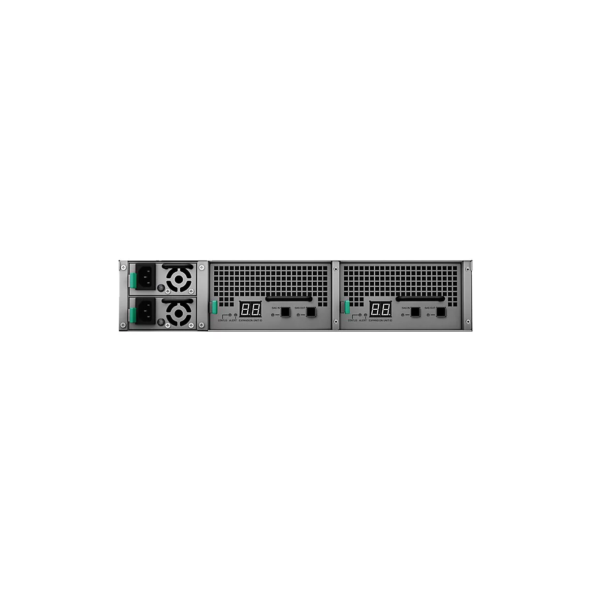 Ein grauer, rechteckiger Server mit LÃ¼ftern, AnschlÃ¼ssen und Digitalanzeigen. KÃ¼hlelemente und SteckplÃ¤tze.