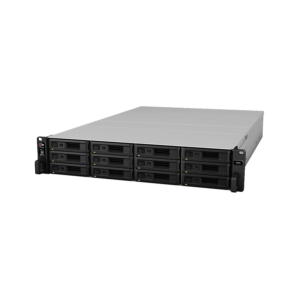 Un serveur rack avec des tiroirs noirs et des LED vertes sur fond clair. Le boîtier est gris.