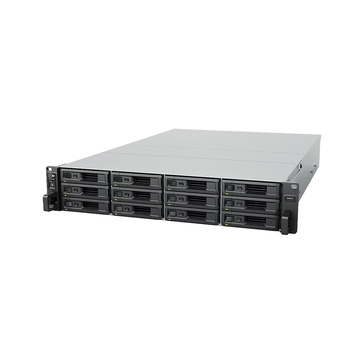 Server-Rack mit vielen Einschüben. Graues Gehäuse, schwarze Schubladen für Festplatten.