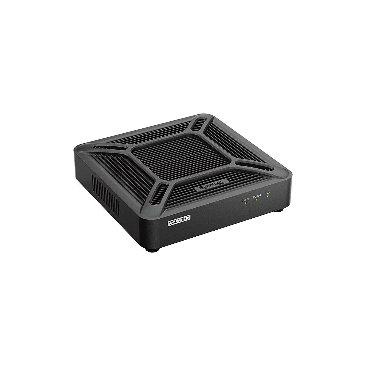 Schwarzer Synology VS600HD Videorecorder. Oberseite mit Lüftungsschlitzen, vorne drei grüne LEDs für Strom, Status, LAN.