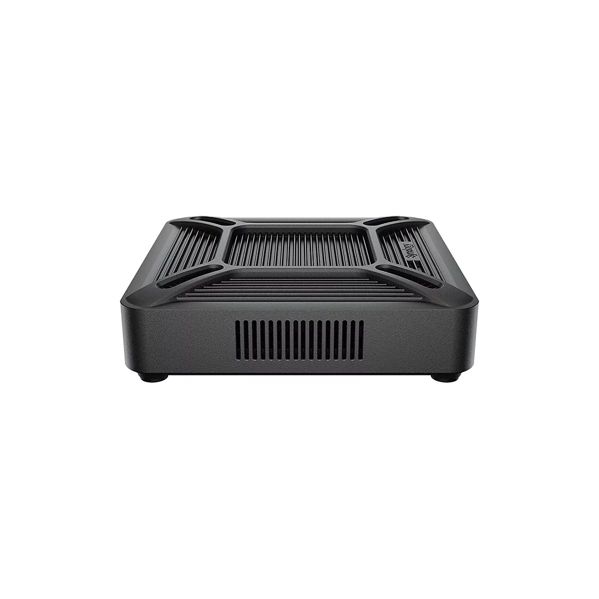 Schwarzer, rechteckiger Mini-PC. Er hat LÃ¼ftungsschlitze und abgerundete Ecken. Das Design wirkt modern und funktional.
