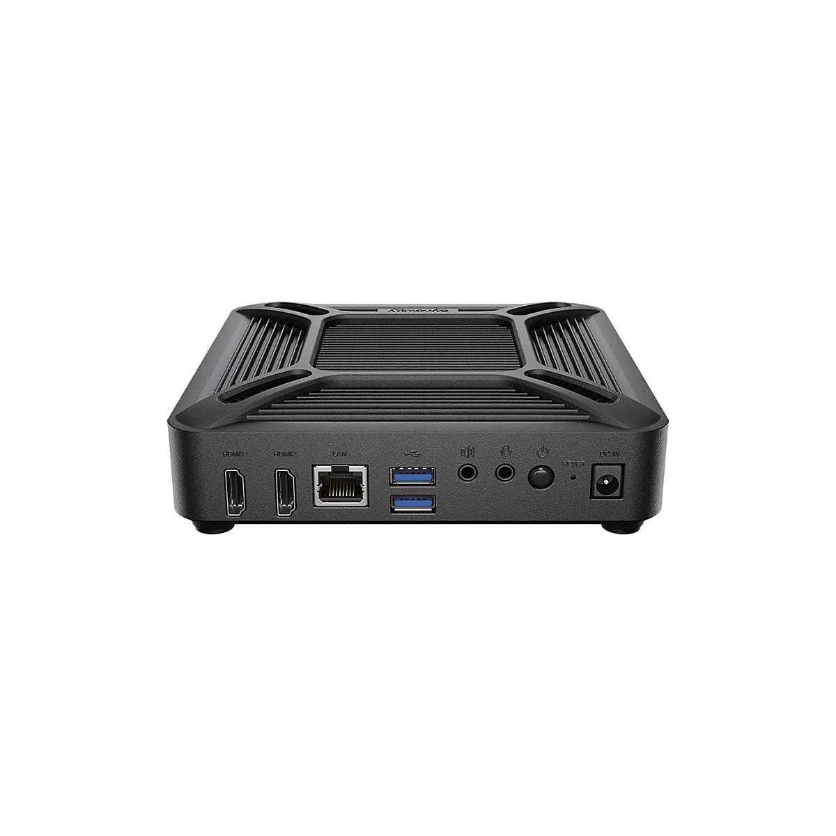 Schwarzer Mini-PC mit AnschlÃ¼ssen fÃ¼r HDMI, USB, Ethernet, Audio und Stromanschluss.