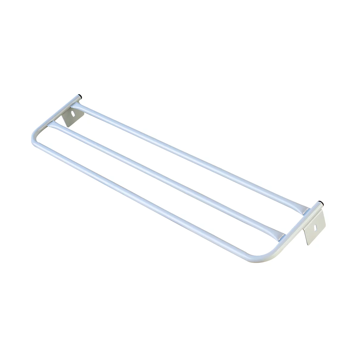 Weiß lackierter Metall-Handtuchhalter mit drei Stangen. Er hat zwei Halterungen für die Wandbefestigung.