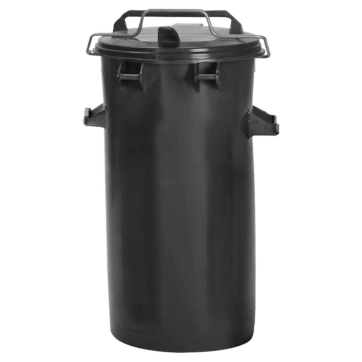 Zwarte, cilindrische afvalbak van kunststof met deksel en een metalen beugel.