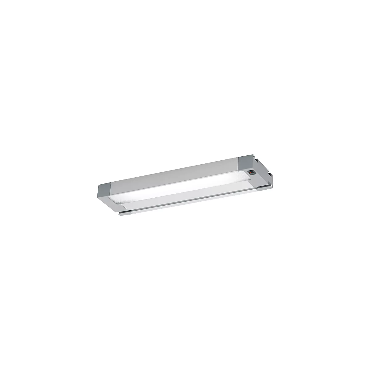 Een langwerpige, zilverkleurige LED-lamp met een verlicht wit middengedeelte en een rode aan/uit-schakelaar aan één uiteinde.