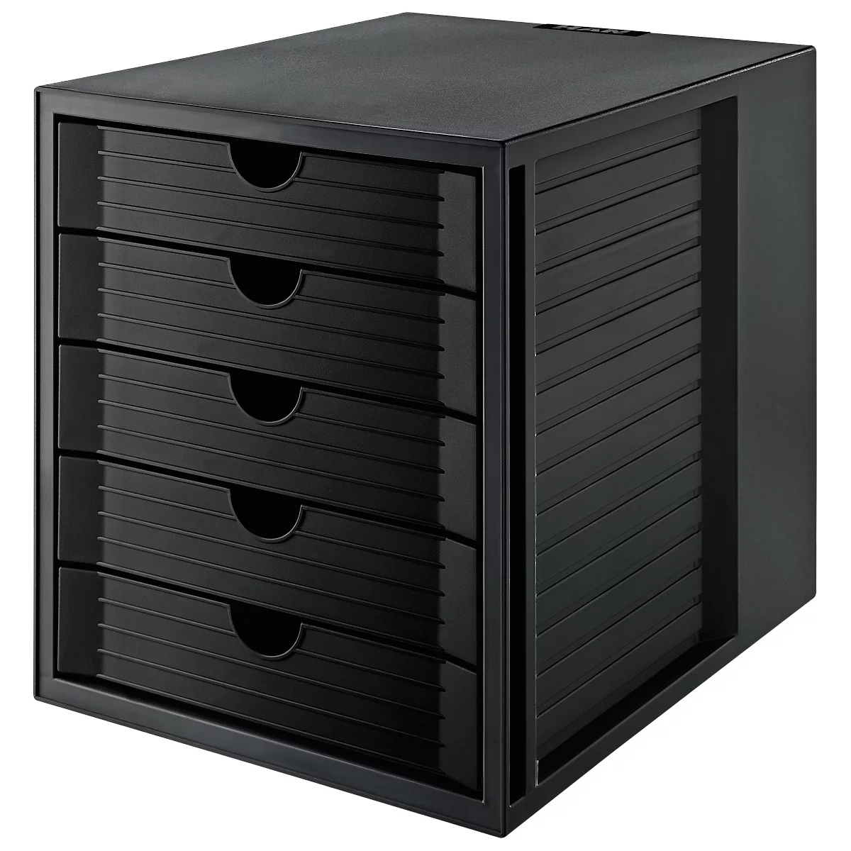 Black drawer system with five drawers. The drawers have curved handles and are stacked.