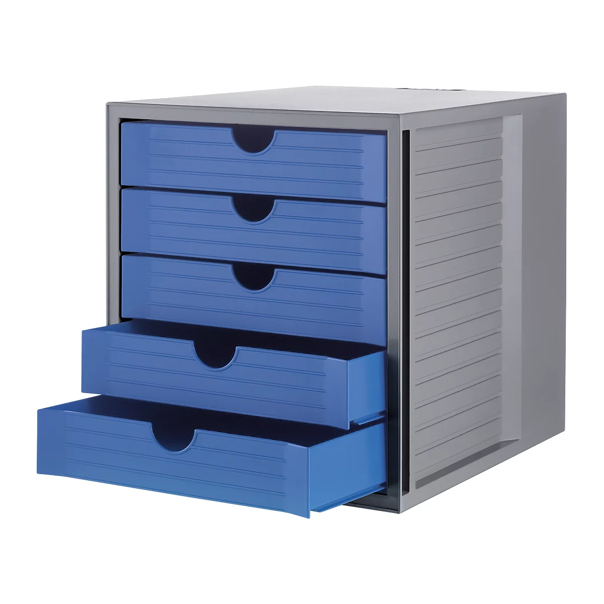 Grey drawer cabinet with five blue drawers, two of which are open.
