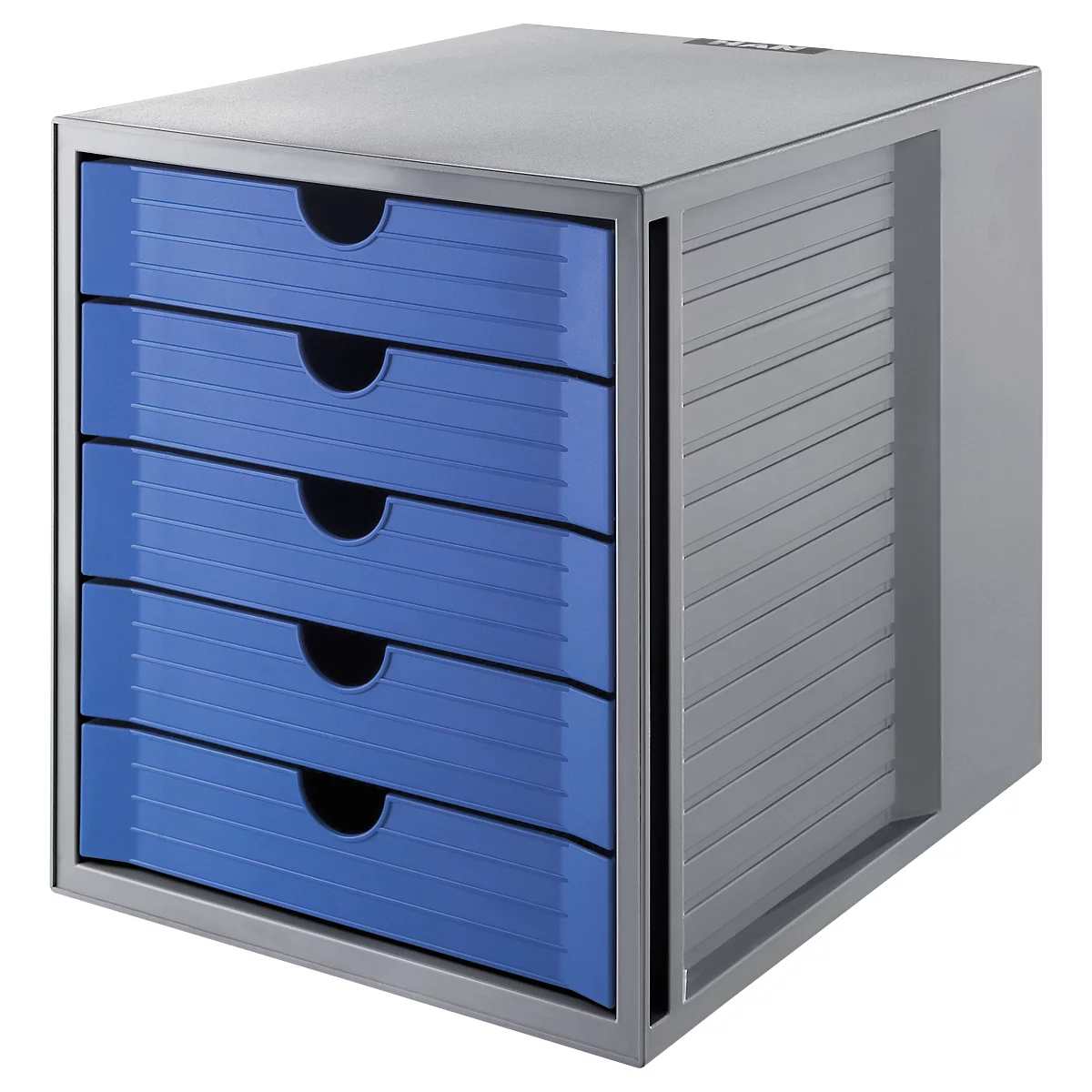 Grey filing cabinet with five blue drawers, on a white background.