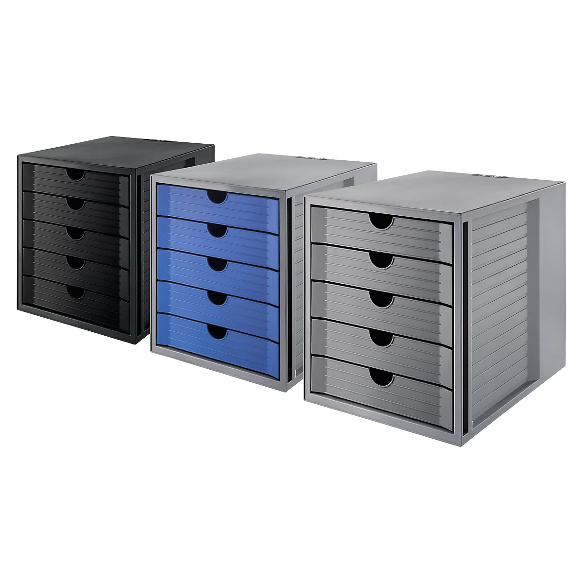 Three drawer cabinets: black, blue and grey. Each drawer has a handle. Papers are in the drawers.