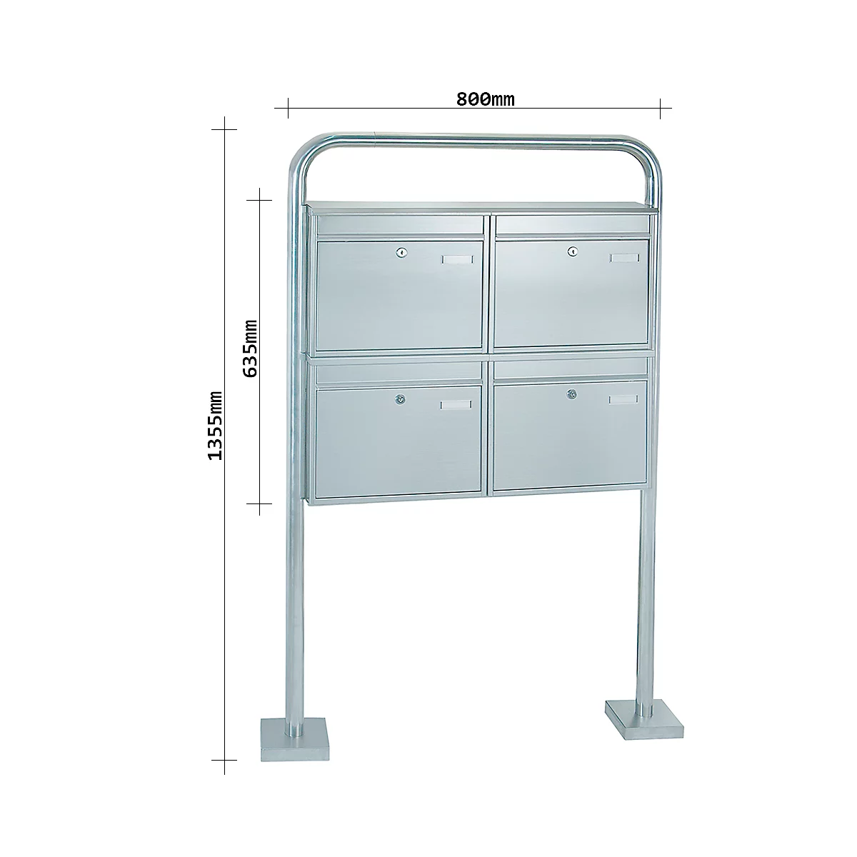 Système de boîtes aux lettres Rottner, avec 4 boîtes aux lettres, sans support, H 635 x L 720 x P 125 mm, acier inoxydable