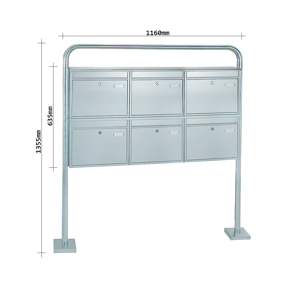 Système de boîtes aux lettres Rottner, avec 6 boîtes aux lettres, sans support, H 635 x L 1160 x P 125 mm, acier inoxydable