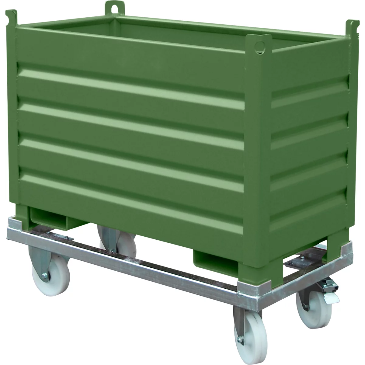 Système de collecte Bauer SBS 500, L 600 x l 1200 x H 850 mm, empilable jusqu'à 3 fois, peint, avec chariot de transport, vert réséda RAL 6011